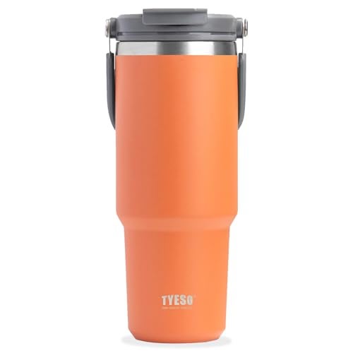 TYESO 30oz Tumbler with Handle and Straw Lid, Insulated Stainless Steel Double Walled Vacuum Water Bottle for Office, Home, Sport or Car, Travel Mug for Hot and Cold | Adventure Collection (Orange) - Image 1