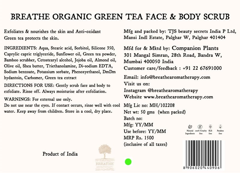 Breathe Aromatherapy Green Tea Face  Body Scrub  Luxury Aromatherapy Skincare  For All Skin Types  Especially Suited for Mature  Aging Skin  Exfoliates Nourishes  Protects Skin  Hydrates Pores to keep Skin Soft  Supple  50 gm - Image 4