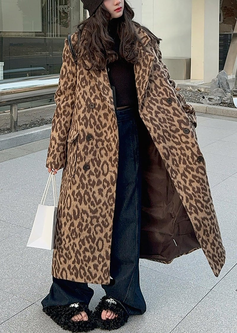 utcoco Womens Leopard Long Wool Trench Coat Notched Lapel Double Breasted Pea Coat Winter Warm Overcoat (XX-Large, Leopard) - Image 2