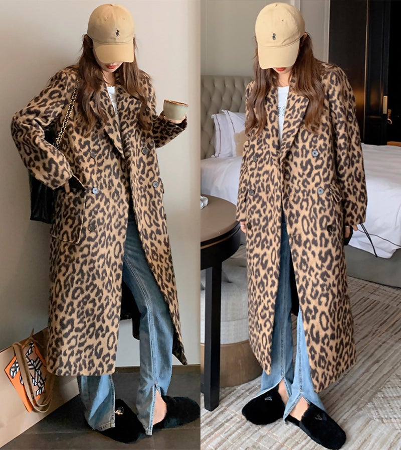 utcoco Womens Leopard Long Wool Trench Coat Notched Lapel Double Breasted Pea Coat Winter Warm Overcoat (XX-Large, Leopard) - Image 5