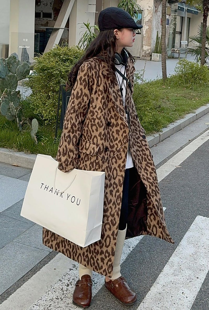 utcoco Womens Leopard Long Wool Trench Coat Notched Lapel Double Breasted Pea Coat Winter Warm Overcoat (XX-Large, Leopard) - Image 4