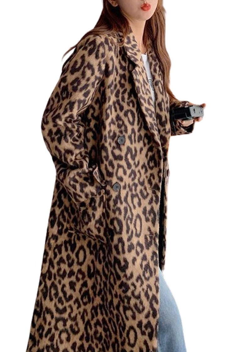 utcoco Womens Leopard Long Wool Trench Coat Notched Lapel Double Breasted Pea Coat Winter Warm Overcoat (XX-Large, Leopard) - Image 1