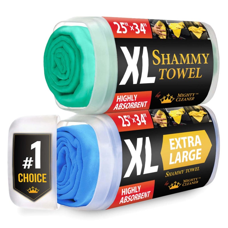 Premium XL Shammy Towel for Car  2pk 34x25  Super Absorbent Chamois Cloth  Spots  ScratchFree  Reusable Car Drying Towel