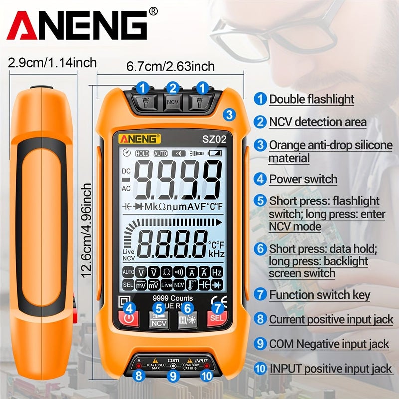 Professional Digital Multimeter 9999 Counts True Effective Value NCV Voltmeter Ammeter Capacitor Temperature Ohm Diode Transistor Backlight Multifunctional Tester SZ02 Red BL - Image 4