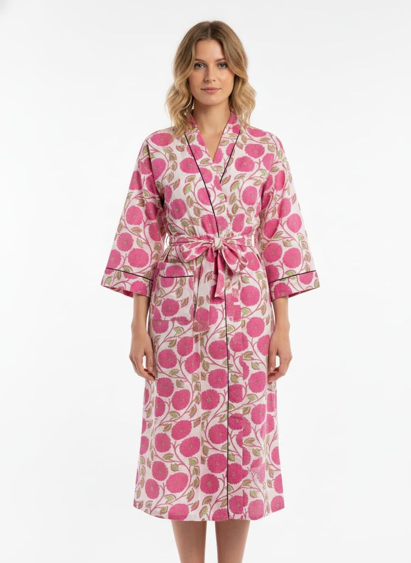 COTSILER Cotton Block Print Kimono Robe for Women Long Bathrobe with Belt & Pockets Soft Lightweight Nightwear Spa,Lounge or Cover-Up (US, Alpha, One Size, Regular, Regular, Design 32) - Image 3