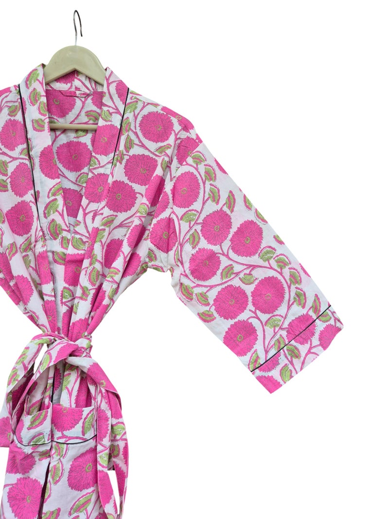 COTSILER Cotton Block Print Kimono Robe for Women Long Bathrobe with Belt & Pockets Soft Lightweight Nightwear Spa,Lounge or Cover-Up (US, Alpha, One Size, Regular, Regular, Design 32) - Image 2
