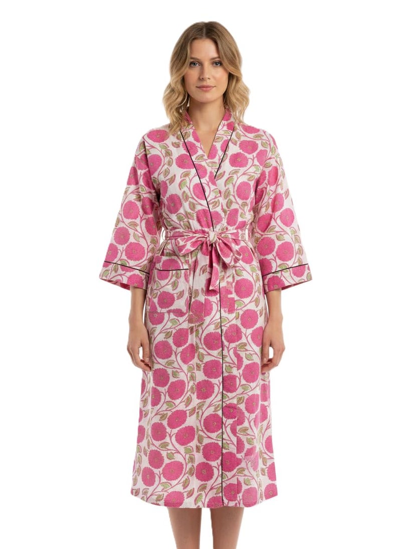COTSILER Cotton Block Print Kimono Robe for Women Long Bathrobe with Belt & Pockets Soft Lightweight Nightwear Spa,Lounge or Cover-Up (US, Alpha, One Size, Regular, Regular, Design 32) - Image 1