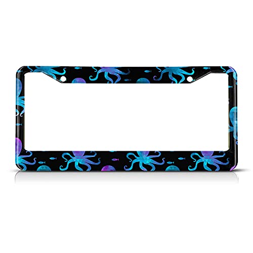 Beabes Blue Purple Octopus License Plate Frame Auto Tag Frames Funny Animal License Plates Holder 2 Holes Colorful Fish Decorative Car Truck Motorcycle License Plates Tag for Men Women - Image 1