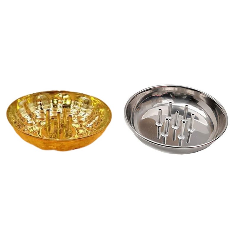 Bekner Combo Pack Agarbatti Stand with Plate Stainless Steel Incense Holder with Gold Brass Agarbatti Holder with Ash Catcher Plate Pack of 2