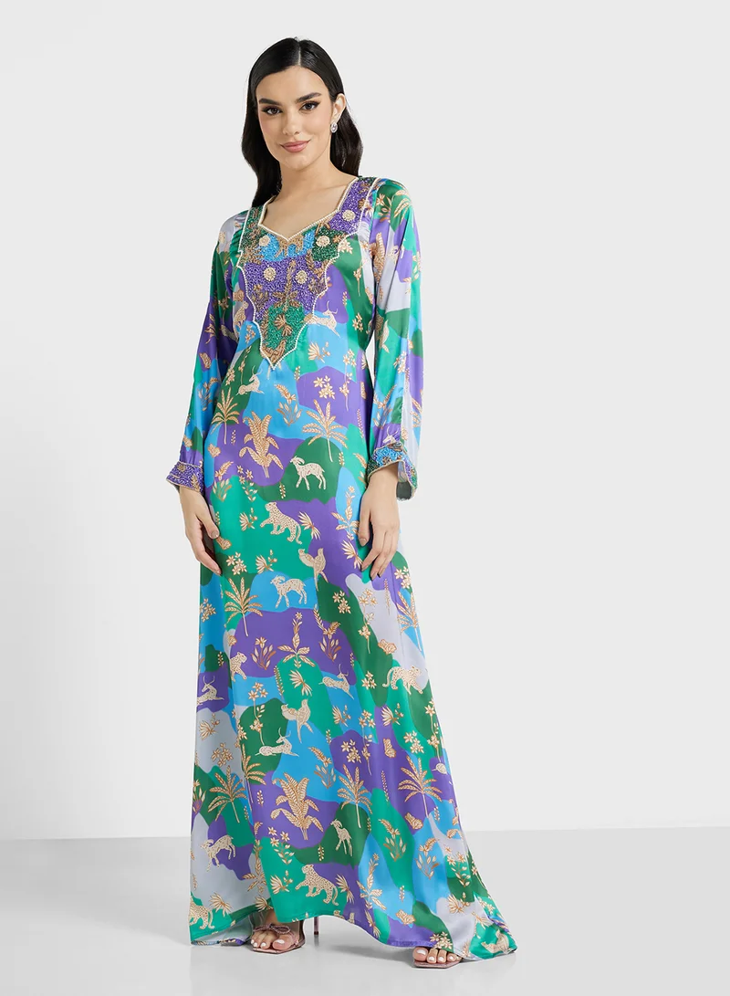 ARABIAN CLOSET Embellished Belted Jalabiya