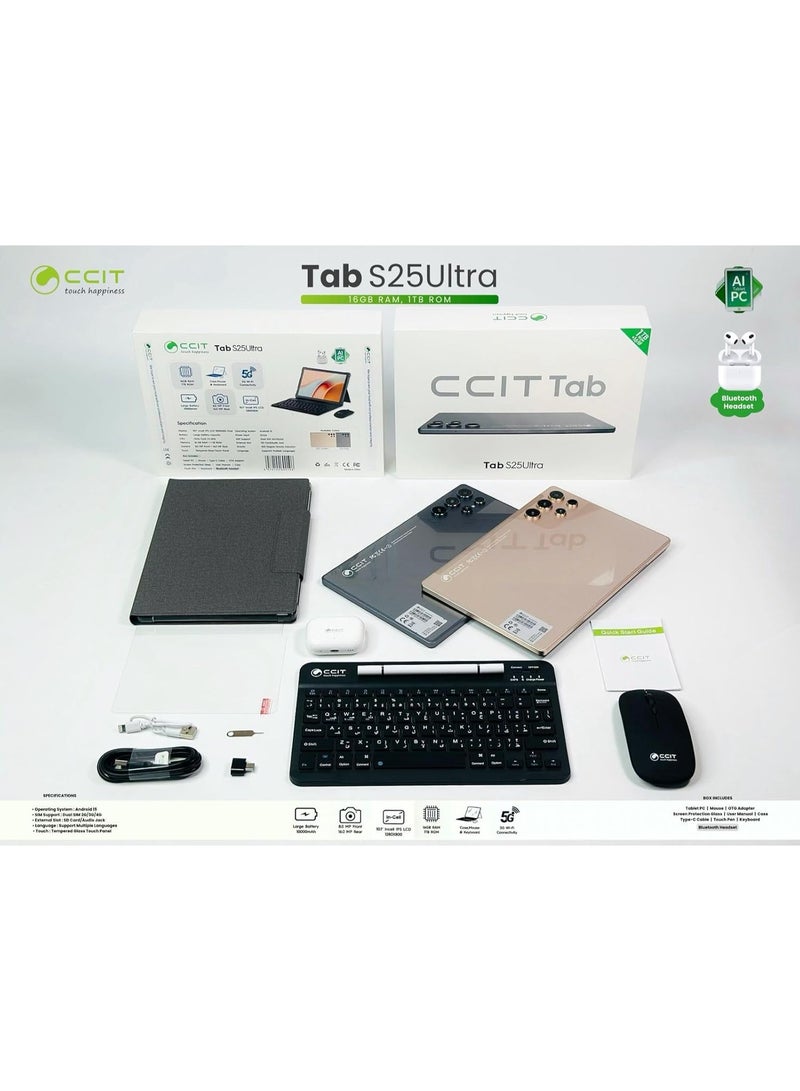 CCIT Tab S25 Ultra 5G Android Tablet – 16GB RAM & 1TB Storage, 10.1-Inch Full HD Display, Powerful Octa-Core Processor, Long-Lasting Battery, Dual SIM + WiFi Connectivity, with Keyboard, Mouse & Bluetooth Headset – Perfect for Study, Work, Gaming & Entertainment - Image 2