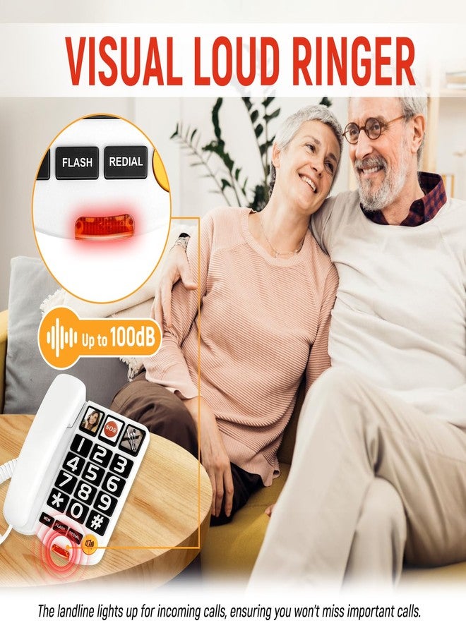 Uvital هواتف يوفيتال ذات الأزرار الكبيرة لكبار السن، هاتف أرضي سلكي أبيض مزود بثلاثة أزرار كبيرة للاتصال بلمسة واحدة، خاصية التحدث الحر، رنين عالٍ، مستوى صوت قابل للتعديل، سهل الاستخدام لكبار السن من ضعاف البصر. - Image 5