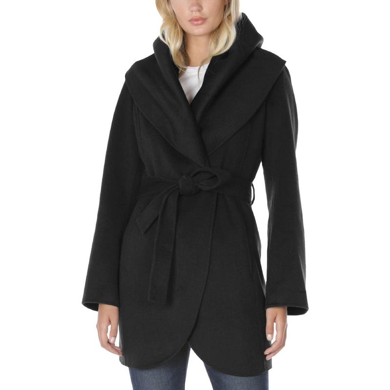 Tahari T Tahari Women's Double Face Wool Blend Wrap Coat With Oversized Collar Jacket, Black, X-Large US - Image 2