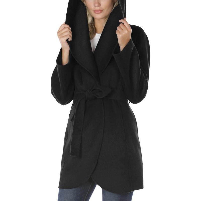 Tahari T Tahari Women's Double Face Wool Blend Wrap Coat With Oversized Collar Jacket, Black, X-Large US - Image 5