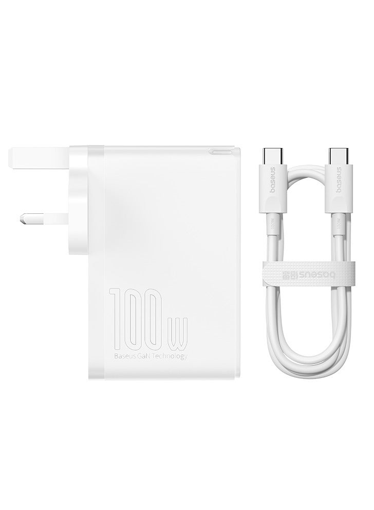بيسوس شاحن GaN5 Pro السريع 2C+2U بقوة 100 وات من المملكة المتحدة باللون الأبيض القمري مع كابل أبيض صغير من النوع C إلى النوع C بقوة 100 وات - Image 4