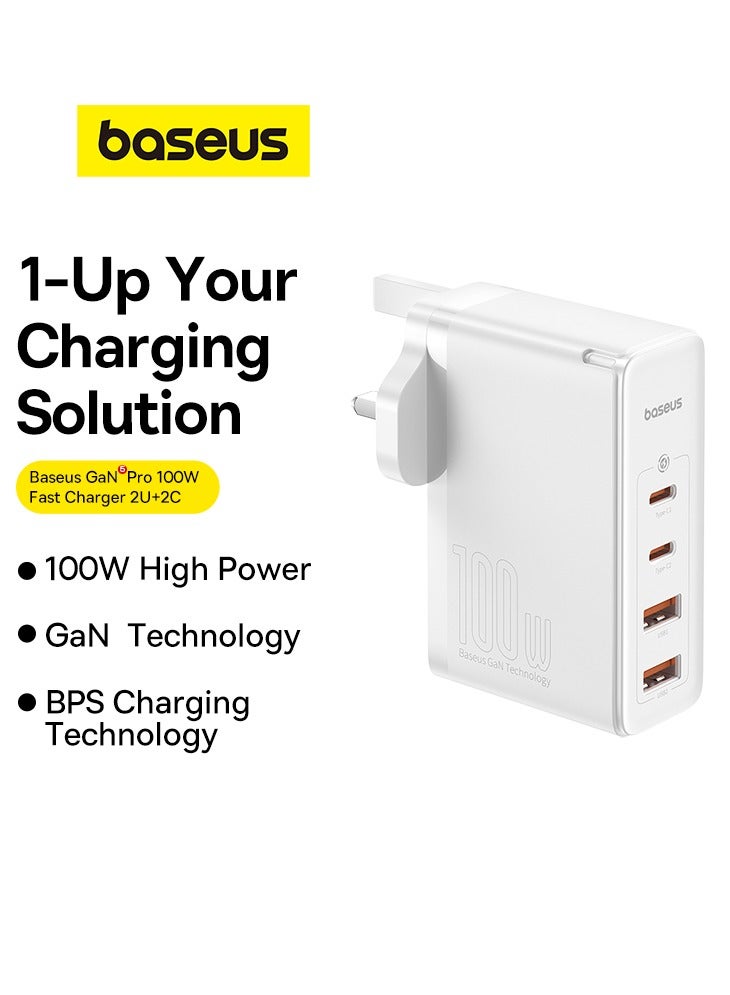 بيسوس شاحن GaN5 Pro السريع 2C+2U بقوة 100 وات من المملكة المتحدة باللون الأبيض القمري مع كابل أبيض صغير من النوع C إلى النوع C بقوة 100 وات - Image 5