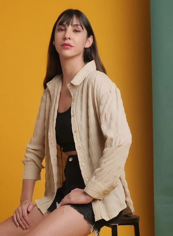 Freehand  Women Oversized Fit Solid Round Neck Long Sleeve Oversized Shirt  | Best Price UAE