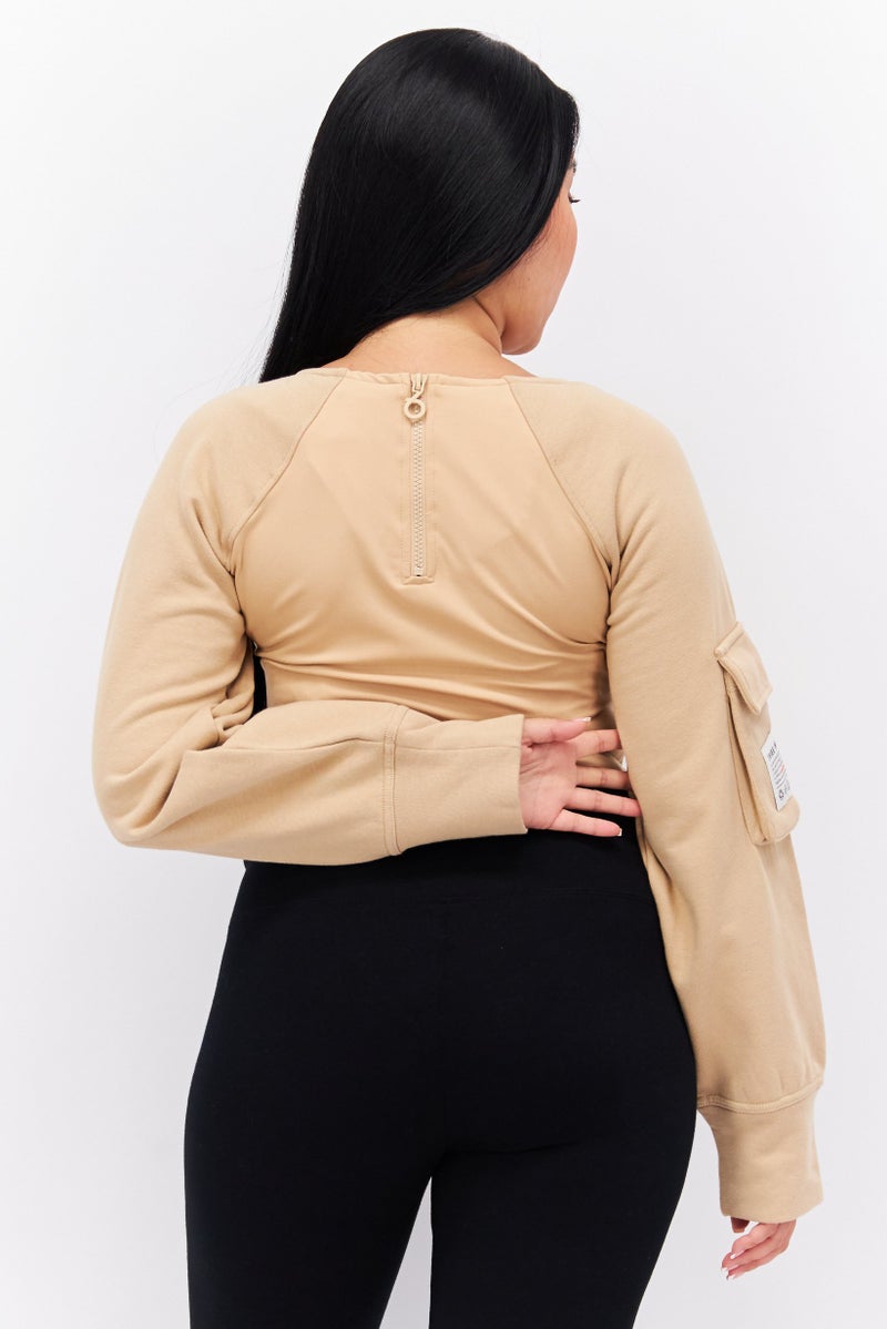 TRIBE OF 6 Women Plain Long Sleeve Bodysuit, Tan  - Image 3