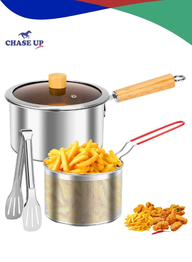 Chase Up Deep Fryer Pot with Basket and Handle, Stainless Steel Oil Strainer Pot with Lid, Small Tempura Deep Frying Pot, Portable Food Cooking Pot for Frying Fish Shrimp Chicken and Fries - Image 1