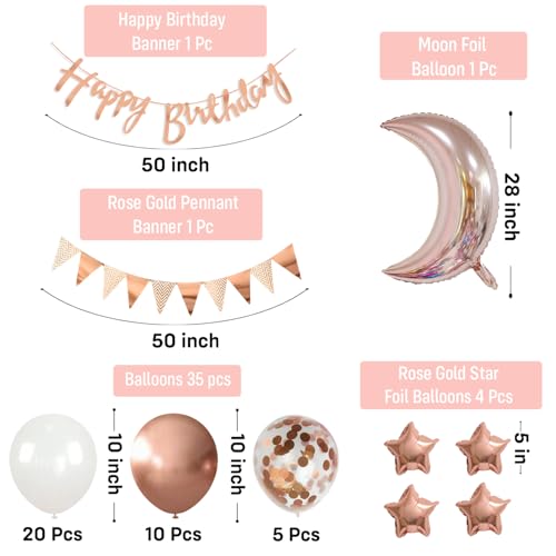 Party Propz Birthday Decoration Kit for Girls – 42 Pcs Rose Gold Birthday Decoration Kit with Foil Balloons, Happy Birthday Banner & Rose Gold Balloons for Decoration (Latex, Cardstock, Foil) - Image 2