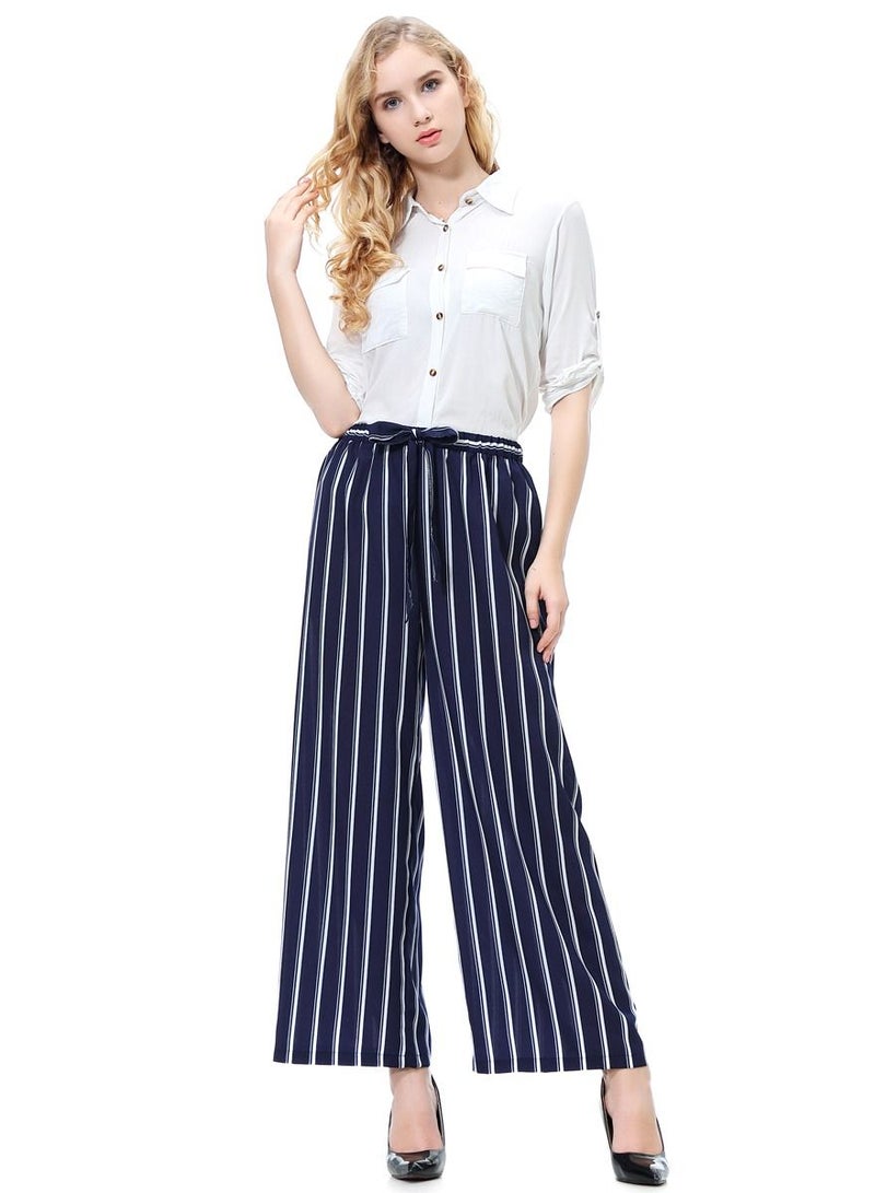 Loquat Women's Stripes Pattern Elastic Waistband Comforty Loose Casual Pants Navy Blue  - Image 1