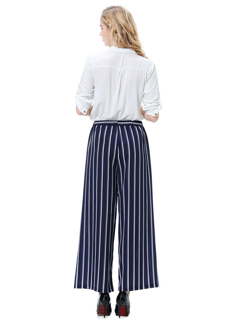 Loquat Women's Stripes Pattern Elastic Waistband Comforty Loose Casual Pants Navy Blue  - Image 2