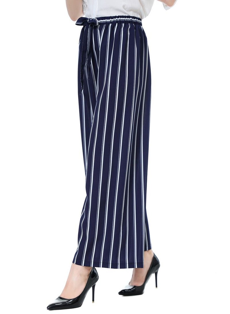 Loquat Women's Stripes Pattern Elastic Waistband Comforty Loose Casual Pants Navy Blue  - Image 3