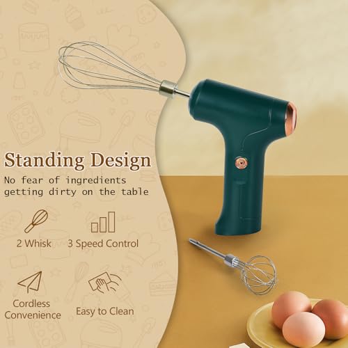 CHIDOYII Cordless Hand Mixer, Handheld Electric Whisk with 3 Speed Modes, Hand Held Egg Beater with 2 Detachable Stir Whisks (Green) - Image 2