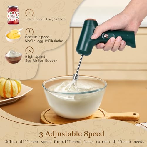 CHIDOYII Cordless Hand Mixer, Handheld Electric Whisk with 3 Speed Modes, Hand Held Egg Beater with 2 Detachable Stir Whisks (Green) - Image 4