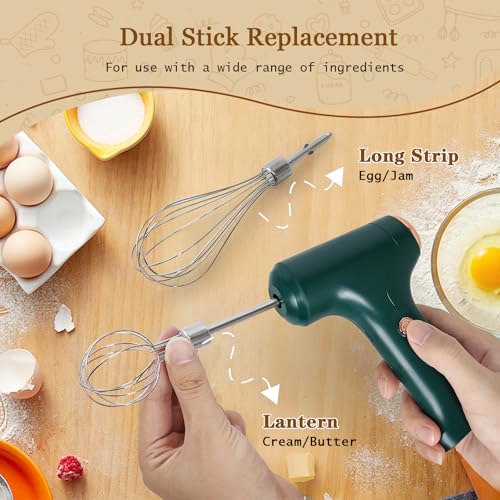 CHIDOYII Cordless Hand Mixer, Handheld Electric Whisk with 3 Speed Modes, Hand Held Egg Beater with 2 Detachable Stir Whisks (Green) - Image 3