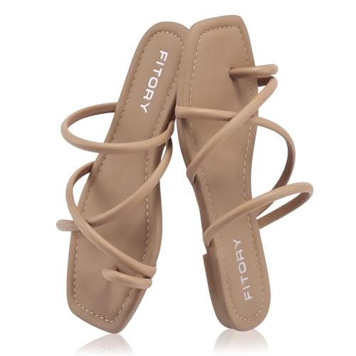 FITORY Women's Slide Sandals Flat Toe Ring Thongs with Cross Strap for Summer Size 9 Camel - Image 3