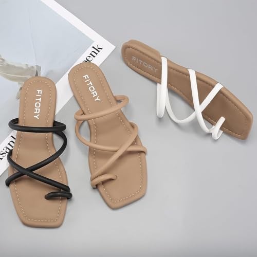 FITORY Women's Slide Sandals Flat Toe Ring Thongs with Cross Strap for Summer Size 9 Camel - Image 5