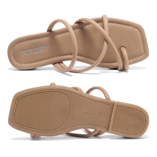FITORY Women's Slide Sandals Flat Toe Ring Thongs with Cross Strap for Summer Size 9 Camel - Image 2