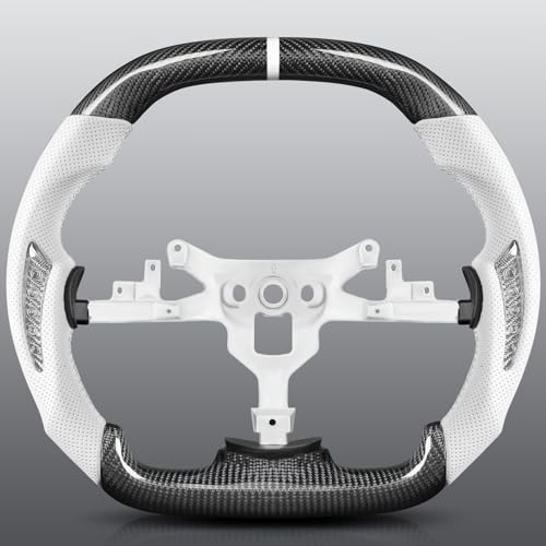 TESFEEL Real Carbon Fiber Steering Wheel for Chevy Corvette C6 2006-2011, Double D-Shape Flat Top & Bottom, White Nappa Leather with Silver Carbon Inlays, Fits for Base/Z06/ZR1/Grand Sport - Image 1