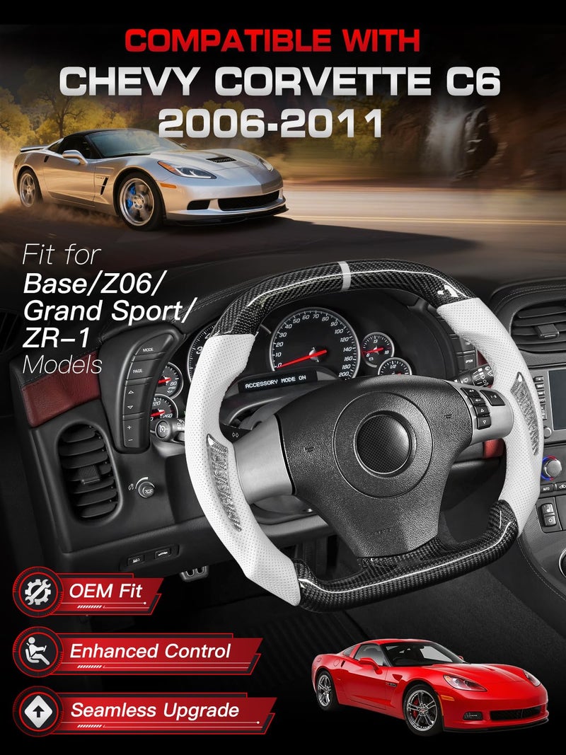 TESFEEL Real Carbon Fiber Steering Wheel for Chevy Corvette C6 2006-2011, Double D-Shape Flat Top & Bottom, White Nappa Leather with Silver Carbon Inlays, Fits for Base/Z06/ZR1/Grand Sport - Image 2
