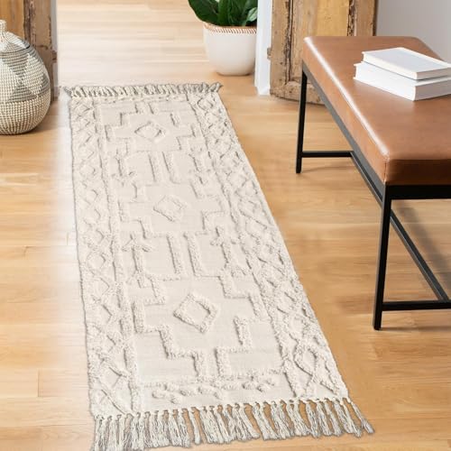 Uphome Boho Washable Runner Rugs 2' x 5', Woven Tufted Neutral Hallway Runner Rug with Fringe, Beige Cotton Farmhouse Entryway Rug, Tribal Accent Bedroom Floor Carpet for Bedside Laundry Kitchen - Image 1