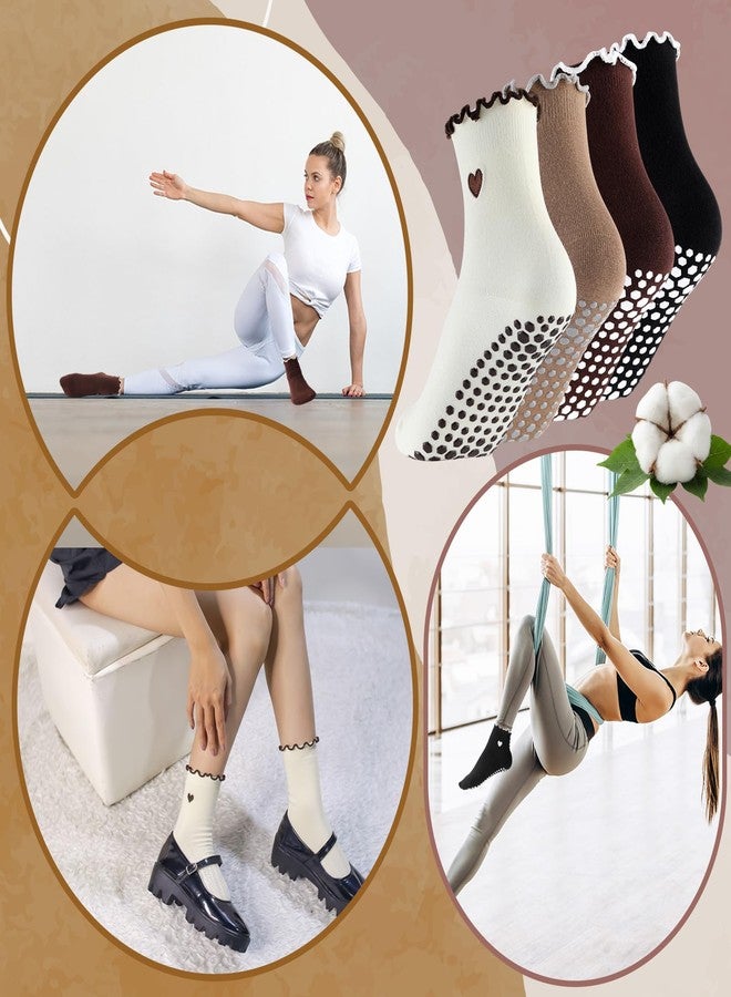 Skicuff 4 Pairs Cute Pilates Socks with Grips for Women, Non Slip Ruffle Yoga Socks for Barre Ballet Barefoot Workout (Color A) - Image 5
