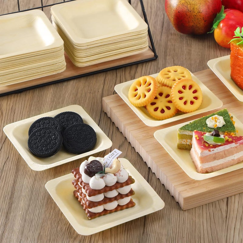 Hoolerry 100 Pcs Disposable Square Palm Bowls Palm 4.3 x 3.94 Inch Leaf Bowls Bamboo Disposable Plates Square Wood Plates for Birthday Party, Wedding Events, Appetizer, Dessert, Catering and Home Use - Image 4