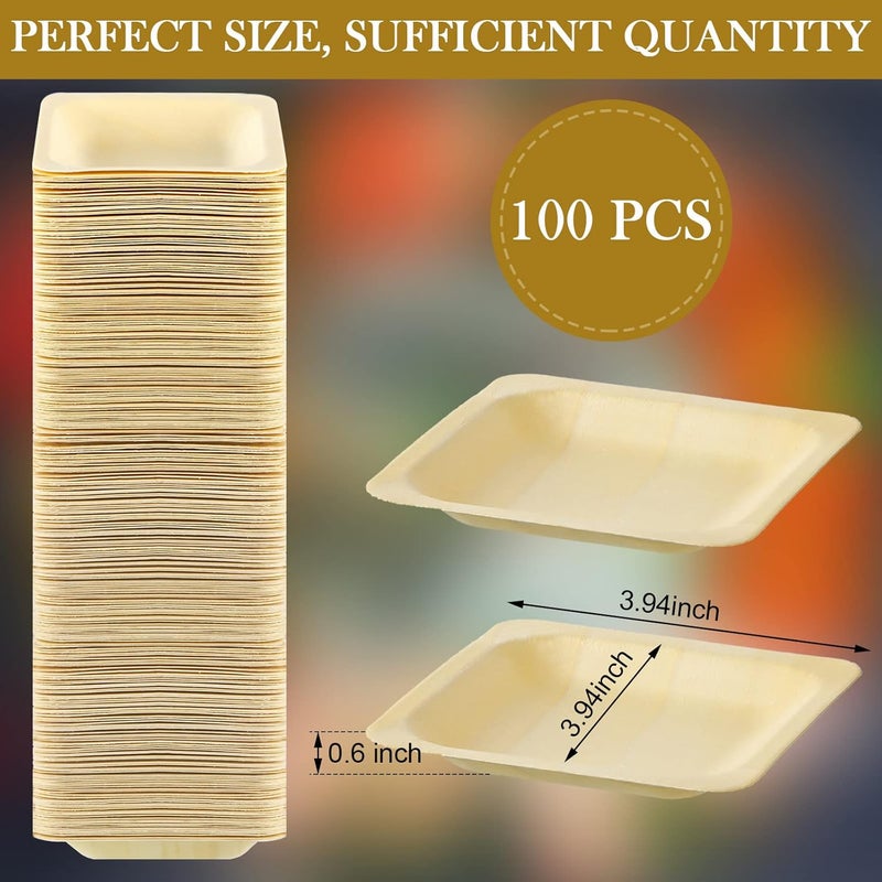 Hoolerry 100 Pcs Disposable Square Palm Bowls Palm 4.3 x 3.94 Inch Leaf Bowls Bamboo Disposable Plates Square Wood Plates for Birthday Party, Wedding Events, Appetizer, Dessert, Catering and Home Use - Image 2
