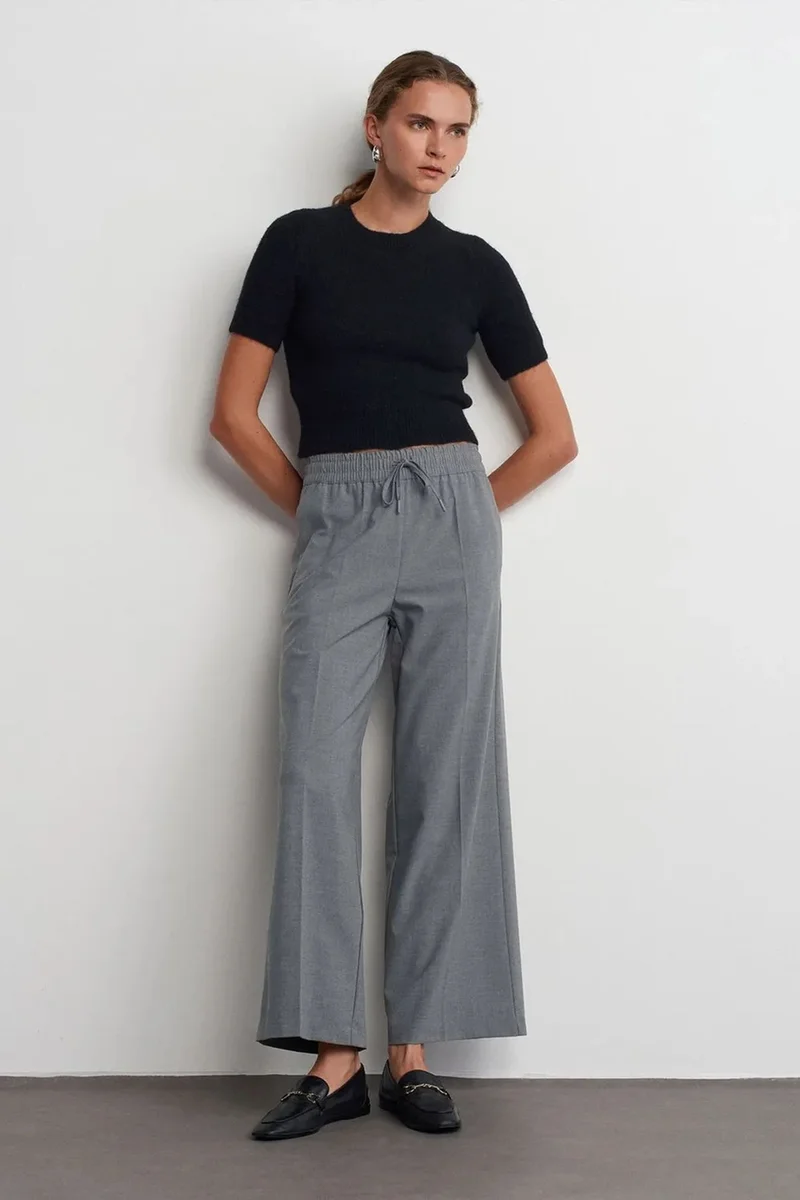 Dilvin Grey DILVIN Wide-Leg Crepe Trousers With Drawstring Waist for Women | Best Price UAE