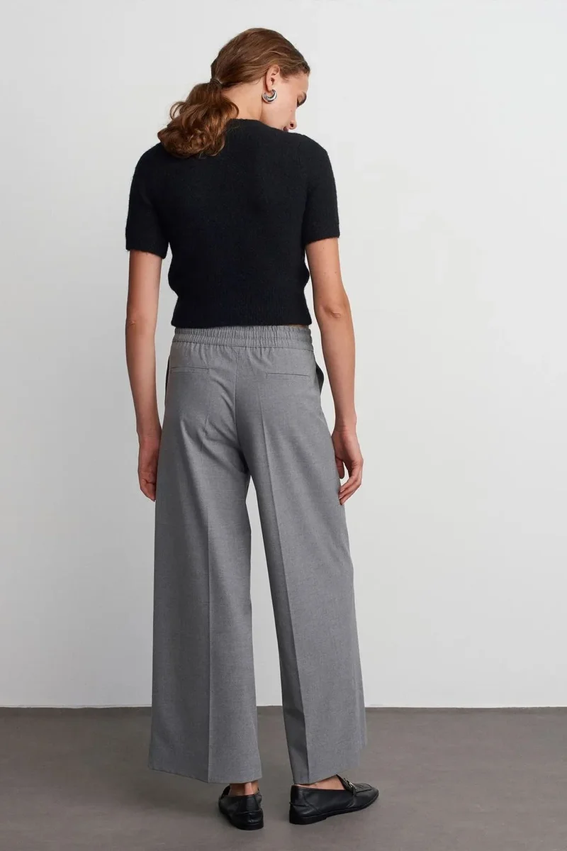 Dilvin Grey DILVIN Wide-Leg Crepe Trousers With Drawstring Waist for Women | Best Price UAE