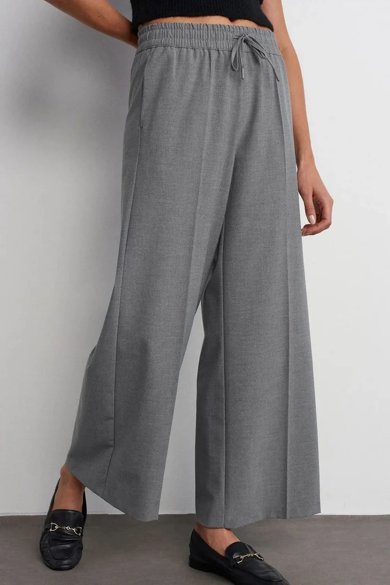 Dilvin Grey DILVIN Wide-Leg Crepe Trousers With Drawstring Waist for Women | Best Price UAE