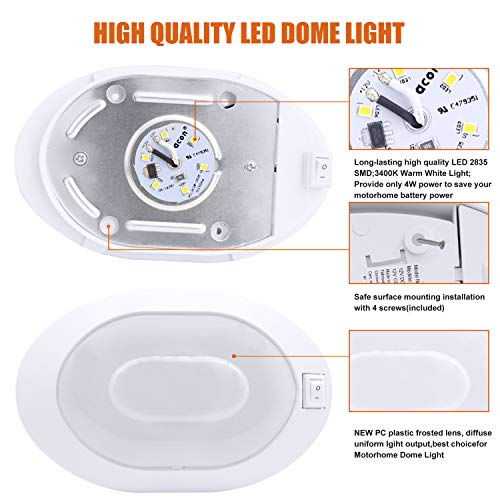 Facon 12V RV Ceiling Light with On&Off Switch, Oval Pancake Dome Light, RV Interior Light Fixture for RV Motorhomes Camper Caravan Trailer Boat - Image 3