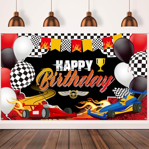 Irenare Car Racing Happy Birthday Backdrop Car Themed Birthday Party Decorations Racing Party Photo Background Theme Party Supplies for Birthday Party Photography Decor, 72.8 x 43.3 Inches - Image 1