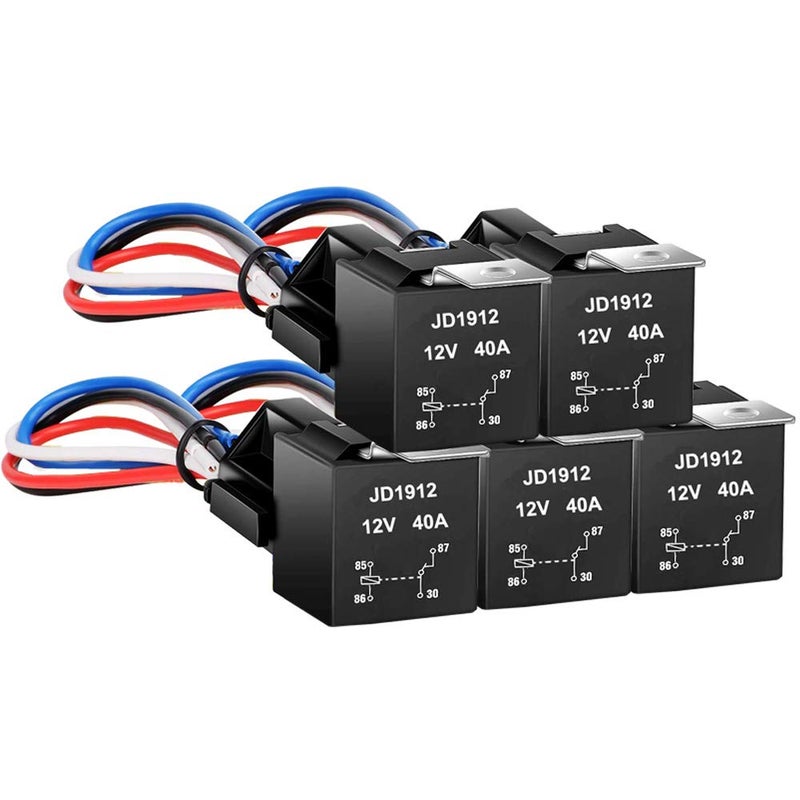 Gebildet JD1912 Car Relay Harness 12V 40A 4 Pin SPST 12AWG Harness Sockets with ColorLabeled Wires for Automotive Truck Van Motorcycle BoatPack of 5