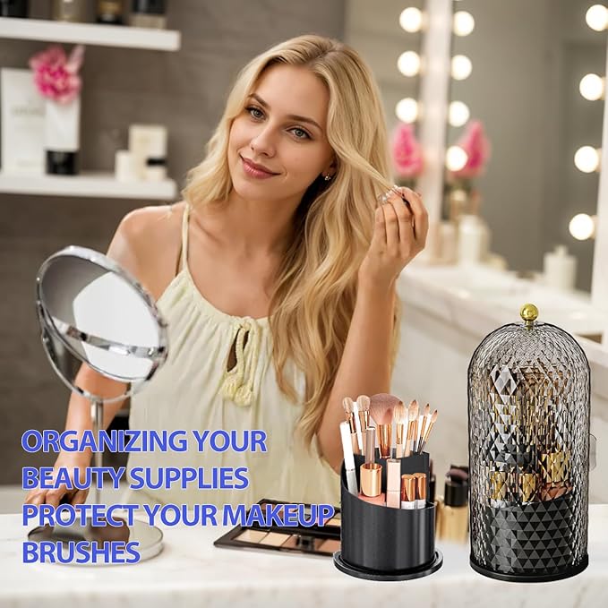 JIANGLAI Makeup Brush Holder with Lid 360 Rotating Multifunction Clear Dustproof Skincare Cosmetic Tools Storage Organizer for Vanity Desktop Bathroom Countertop White