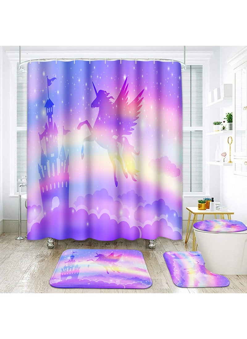 ArtSocket ArtSocket Unicorn Rainbow Castle Bathroom Set with Shower Curtain and Rugs Accessories Kids Girl Princess Fly Horse Shower Curtain Fantasy Pink Bathroom Decor 4 Pcs 