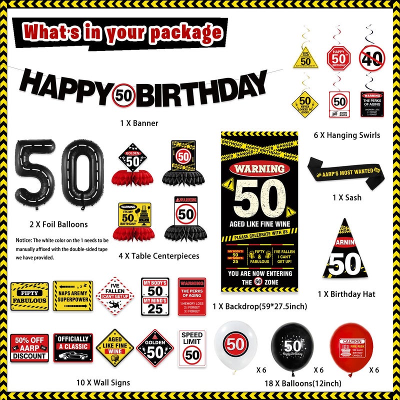 KimaruLZ 50th Birthday Decorations for Men Women, Caution Happy 50th Birthday Party Supplies Decor with Backdrop, Banner, Balloons, Centerpieces, Hanging Swirls, Wall Signs, Sash, Hat - Image 2