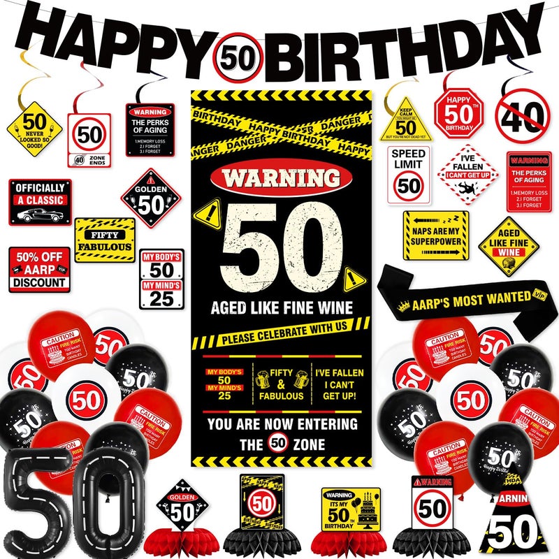 KimaruLZ 50th Birthday Decorations for Men Women, Caution Happy 50th Birthday Party Supplies Decor with Backdrop, Banner, Balloons, Centerpieces, Hanging Swirls, Wall Signs, Sash, Hat - Image 1