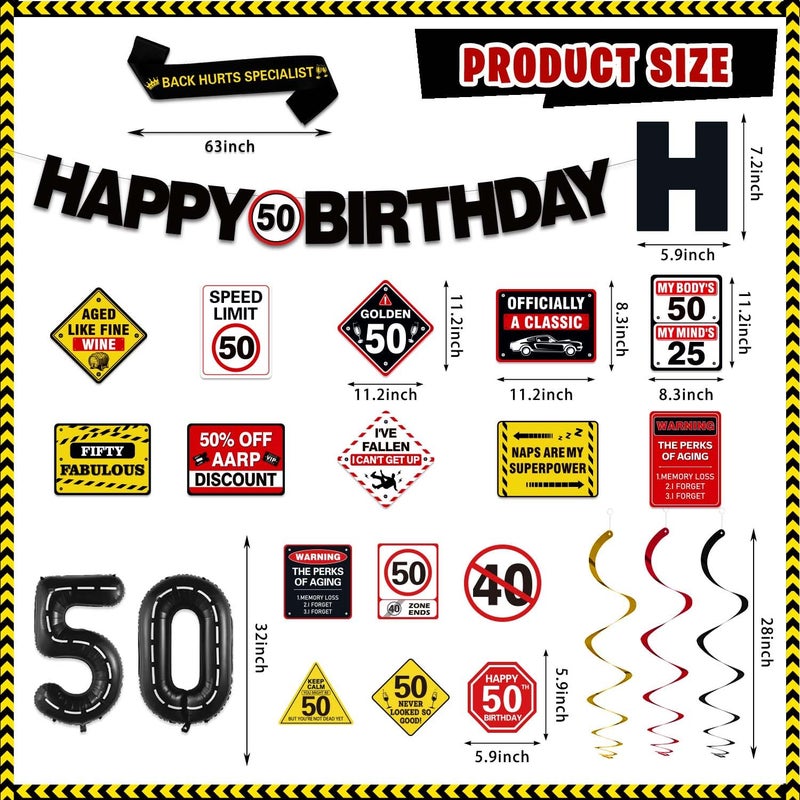 KimaruLZ 50th Birthday Decorations for Men Women, Caution Happy 50th Birthday Party Supplies Decor with Backdrop, Banner, Balloons, Centerpieces, Hanging Swirls, Wall Signs, Sash, Hat - Image 4